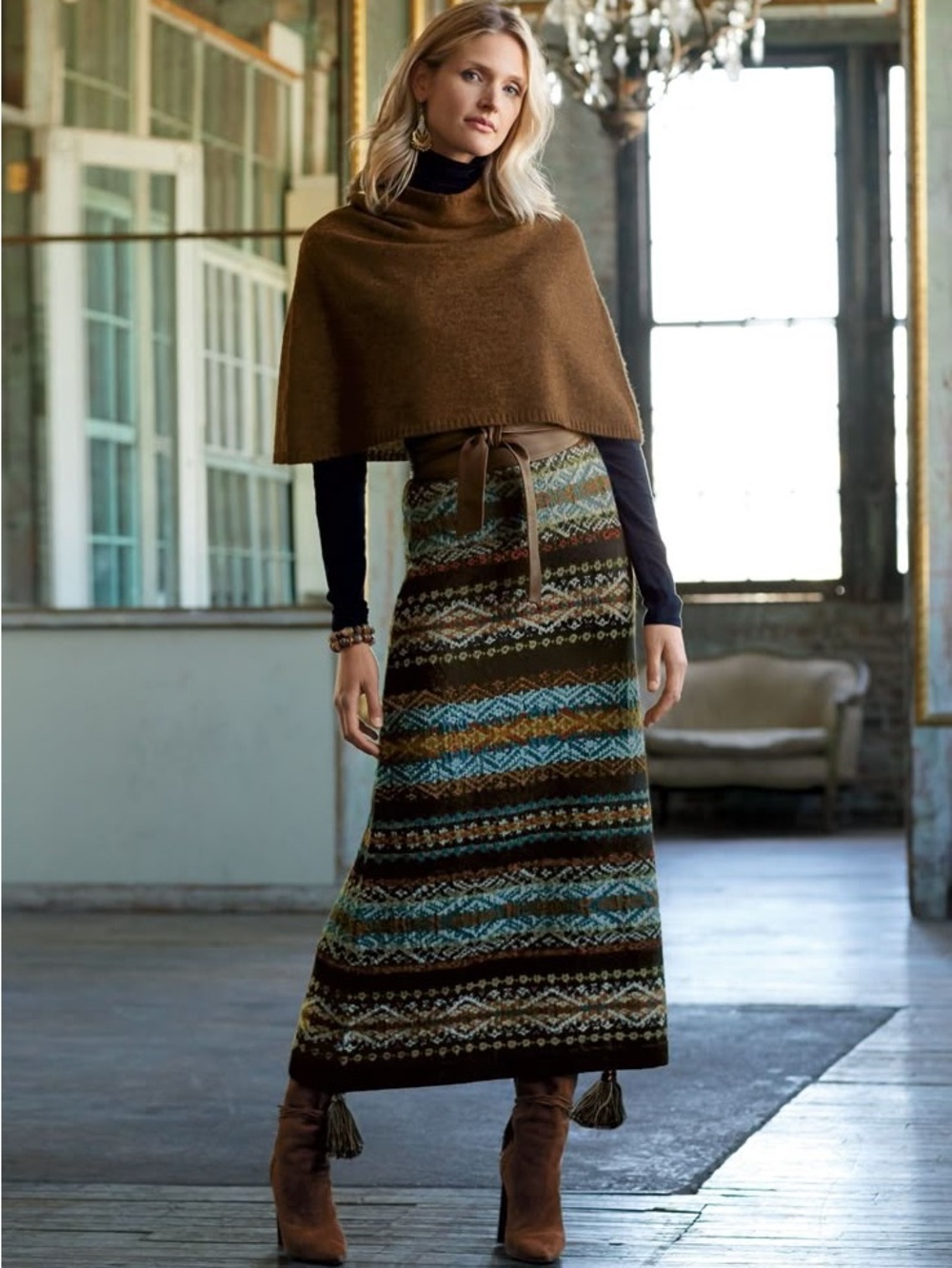 Peruvian Connection Vintage Fair Isle Jacquard Knit Tribal Wool Midi Skirt